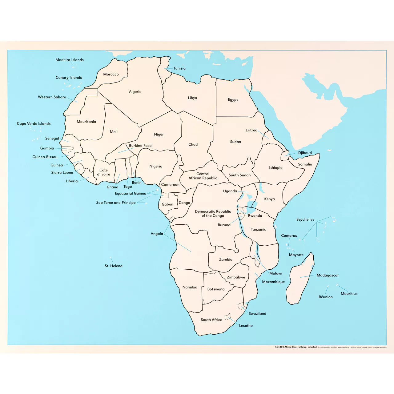 Afrikos kontrolinis žemėlapis: su etiketėmis